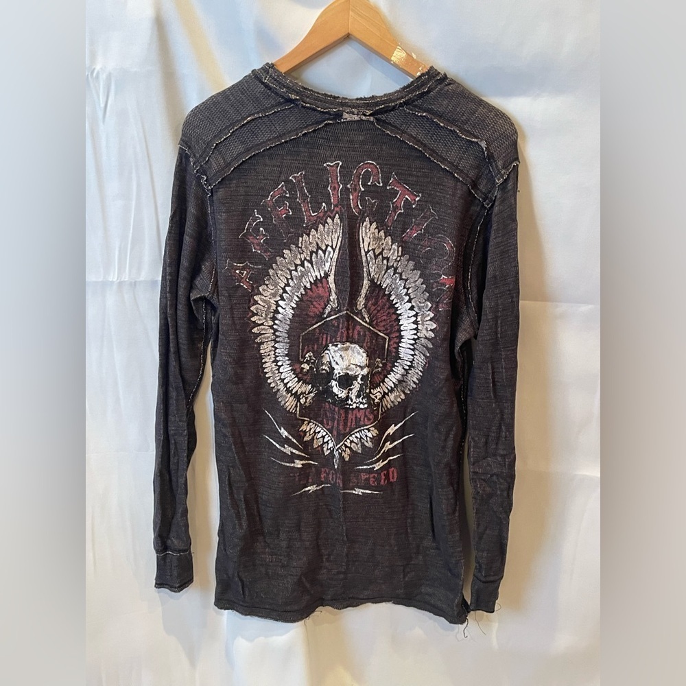 Affliction Men's Distressed Reversible Black Long Sleeve Tee XL Y2K